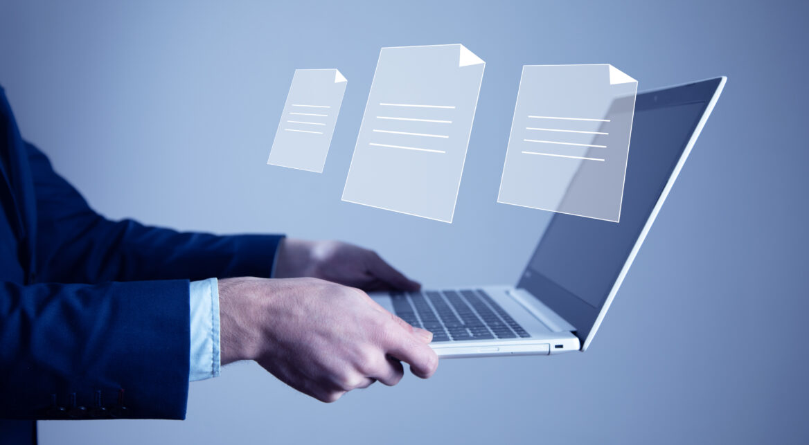 Man hand computer with files